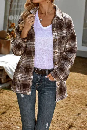 Brown Single-breasted Plaid Shacket