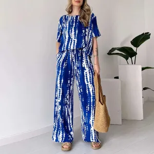 Pattern Print Summer O Neck Short Sleeve Shirt Tops Long Pants Elegant Commuter Fashion Set