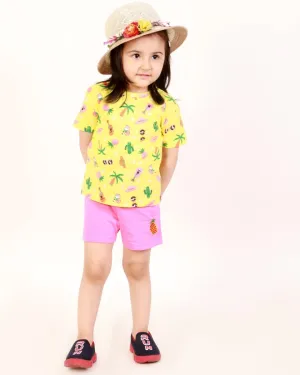 Tropical Print T-shirt with Shorts Girls Casual Set