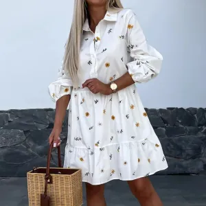 Turn-down Collar Pleated Mini Elegant Long Sleeved Button Shirt Yellow Daisy Print Spring Vestido Floral Casual Dress