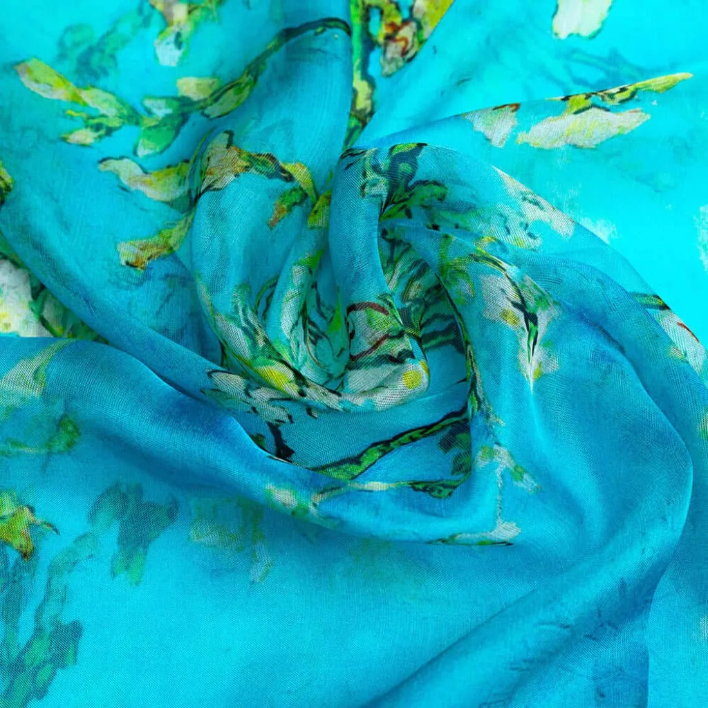 100% Pure Silk Scarf - Blue - Van Gogh Almond Blossom