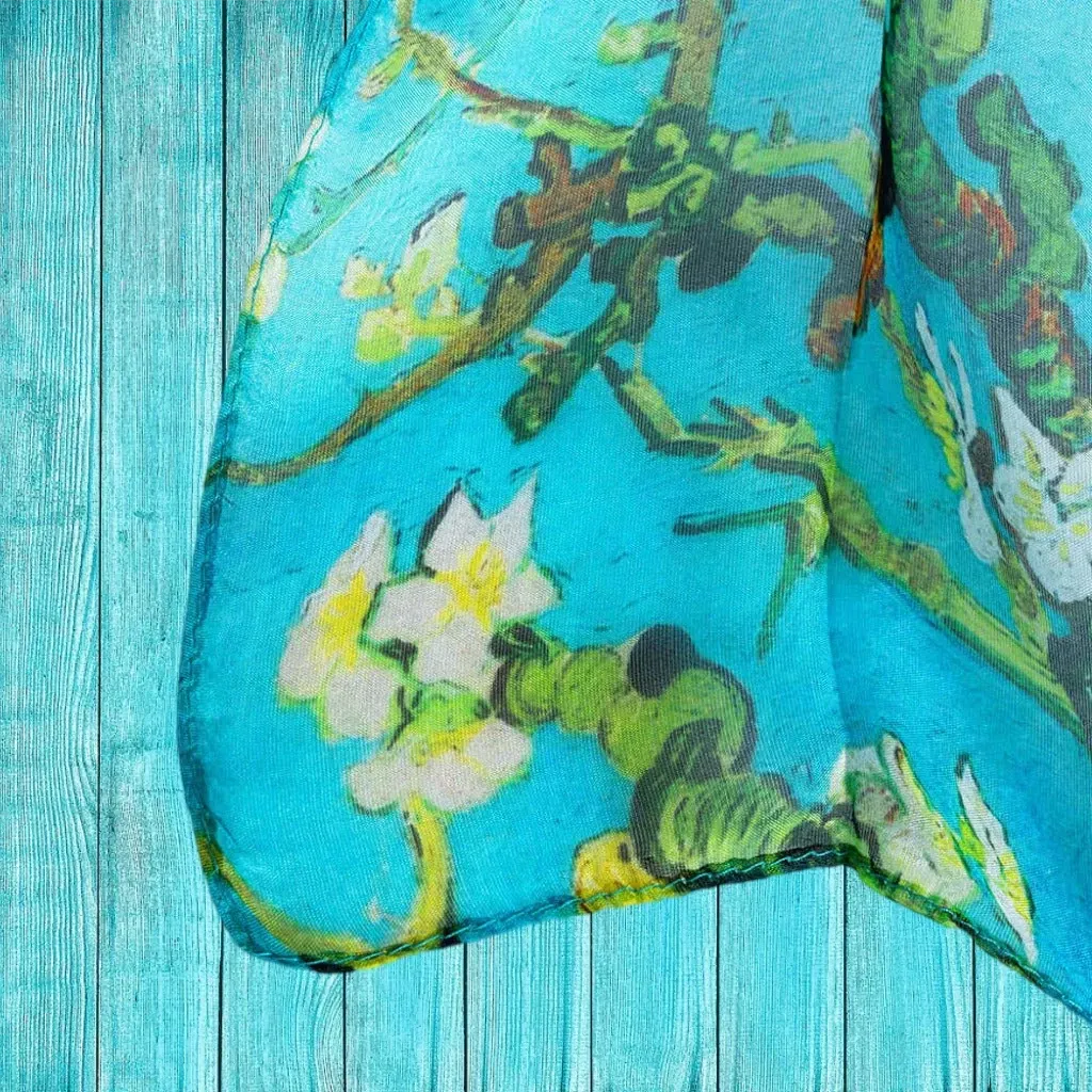 100% Pure Silk Scarf - Blue - Van Gogh Almond Blossom