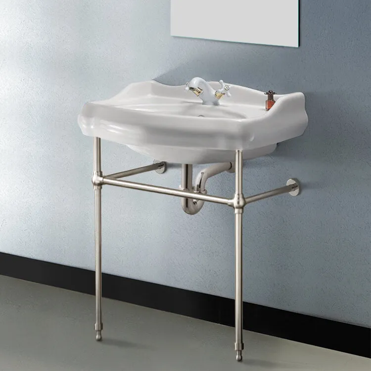 1837 Traditional Ceramic Console Sink With Satin Nickel Stand