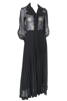 1970s Sparkle Vintage Dress Black Maxi Sheer Bodice