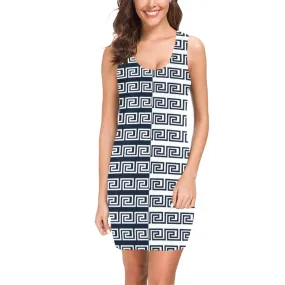 2 tone greek key blue white print Medea Vest Dress (Model D06)