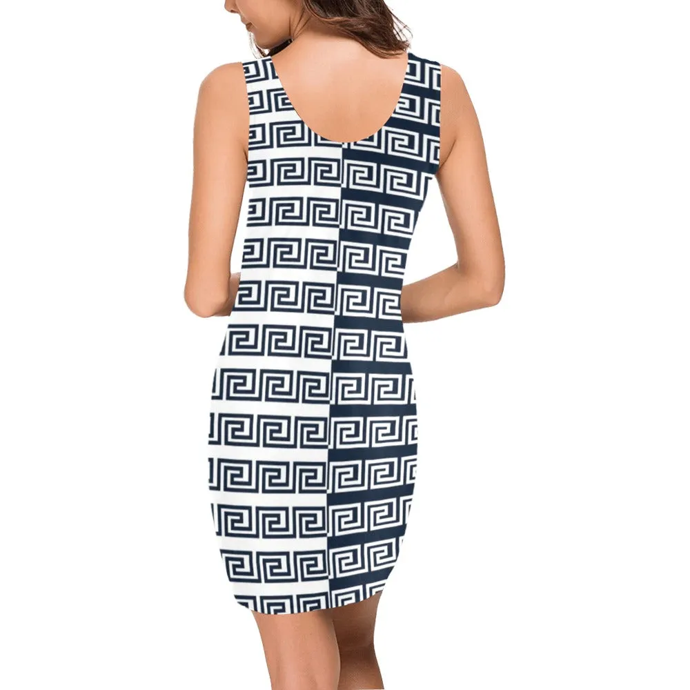 2 tone greek key blue white print Medea Vest Dress (Model D06)