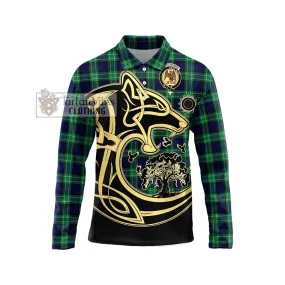 Abercrombie Tartan Long Sleeve Polo Shirt with Family Crest Celtic Wolf Style