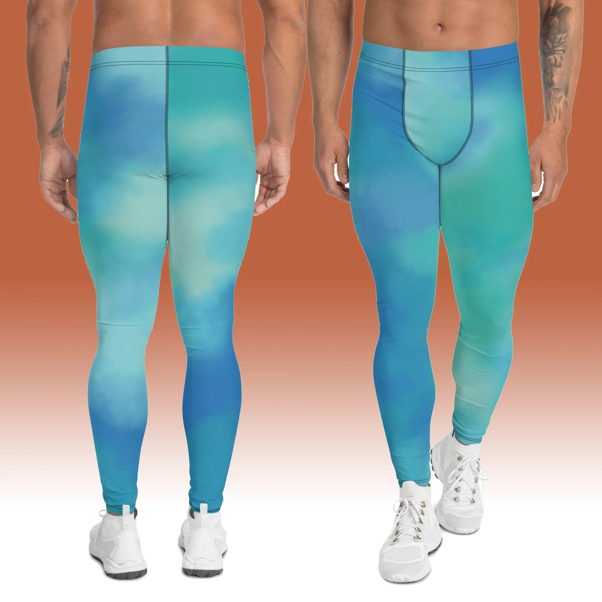 Abstract Blue Men's Leggings, Blue Abstract Designer Running Compression Tights For Men - Made in USA/EU/MX