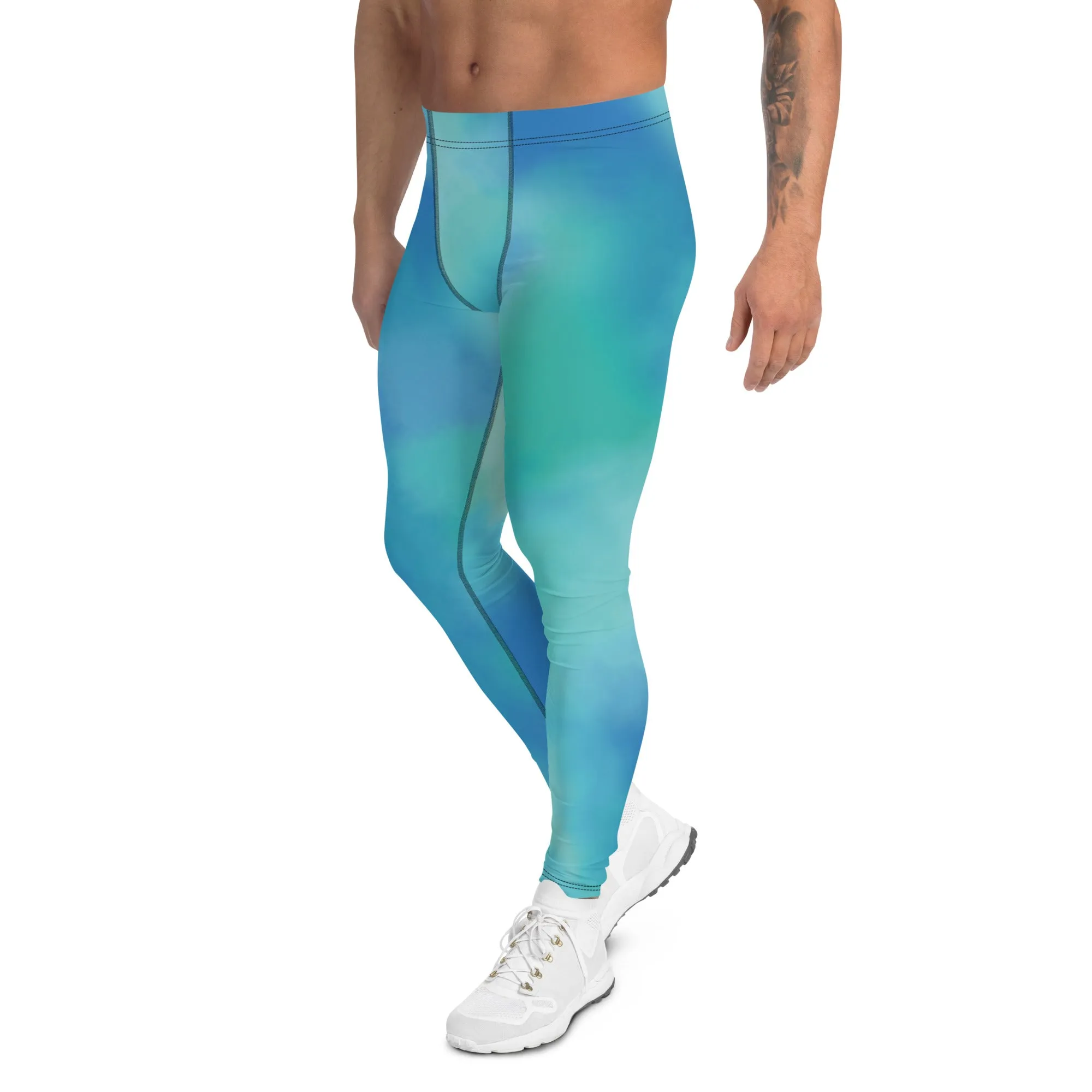 Abstract Blue Men's Leggings, Blue Abstract Designer Running Compression Tights For Men - Made in USA/EU/MX