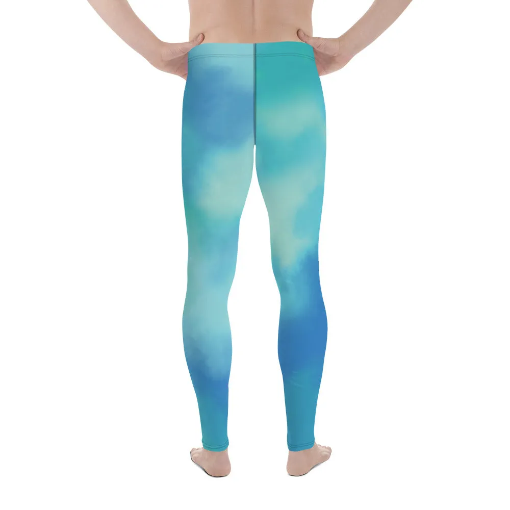 Abstract Blue Men's Leggings, Blue Abstract Designer Running Compression Tights For Men - Made in USA/EU/MX