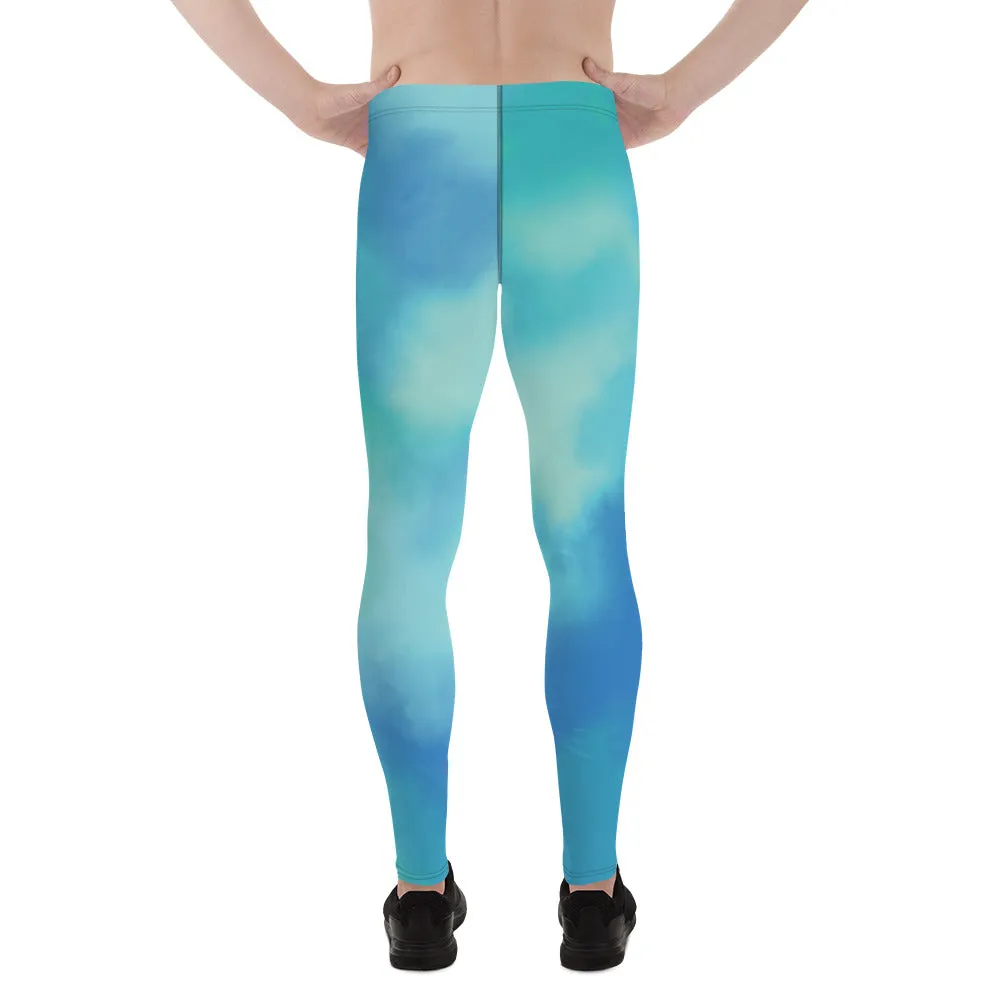 Abstract Blue Men's Leggings, Blue Abstract Designer Running Compression Tights For Men - Made in USA/EU/MX