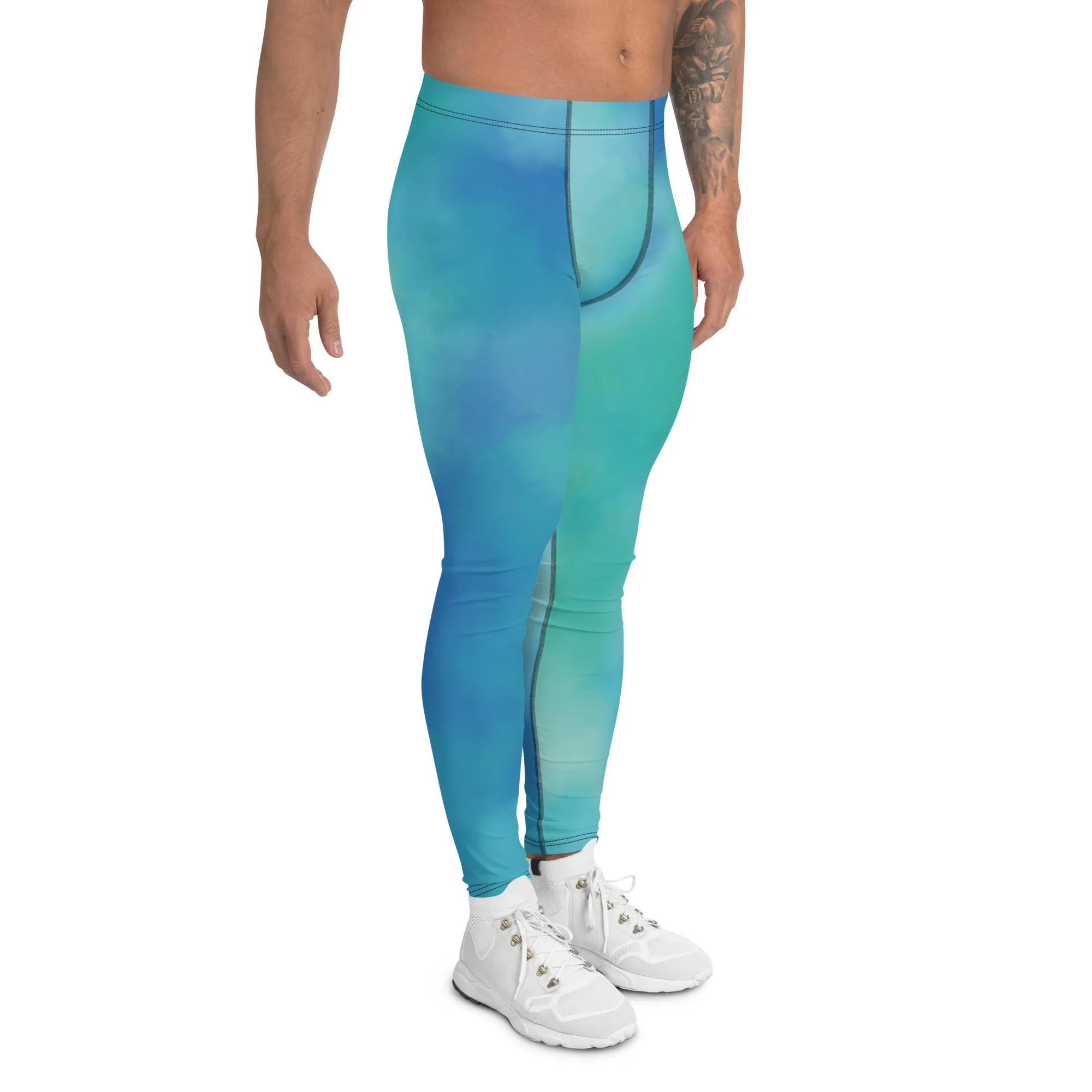 Abstract Blue Men's Leggings, Blue Abstract Designer Running Compression Tights For Men - Made in USA/EU/MX