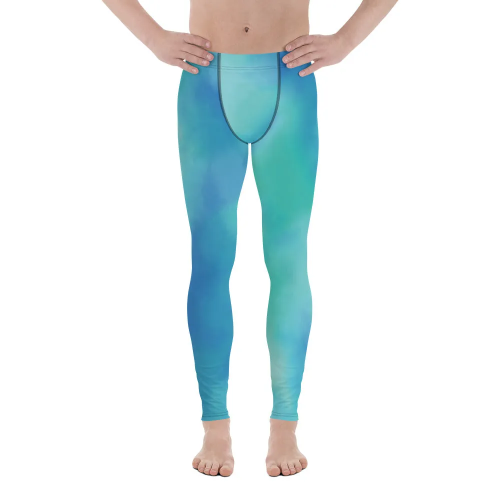 Abstract Blue Men's Leggings, Blue Abstract Designer Running Compression Tights For Men - Made in USA/EU/MX