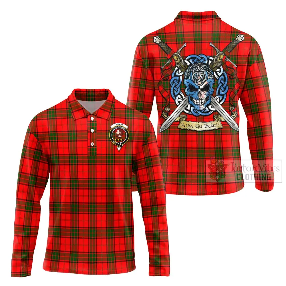 Adair Tartan Long Sleeve Polo Shirt with Family Crest Celtic Skull Style