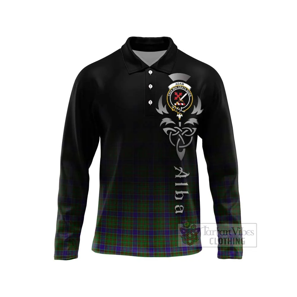 Adam Tartan Long Sleeve Polo Shirt Featuring Alba Gu Brath Family Crest Celtic Inspired