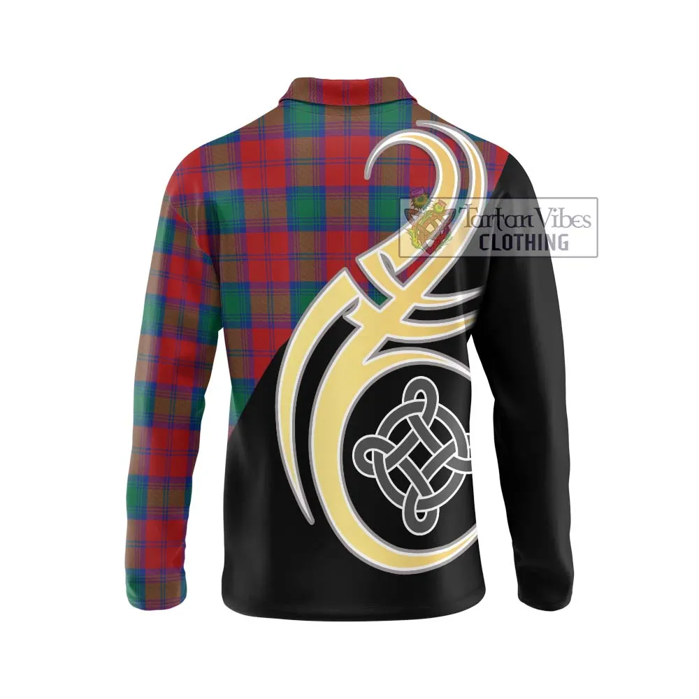 Affleck Tartan Long Sleeve Polo Shirt with Family Crest and Celtic Symbol Style