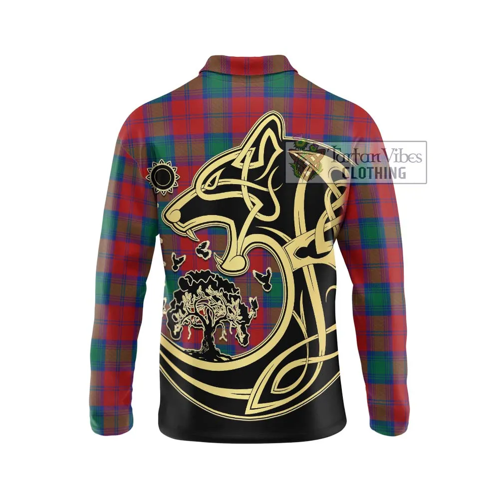 Affleck Tartan Long Sleeve Polo Shirt with Family Crest Celtic Wolf Style