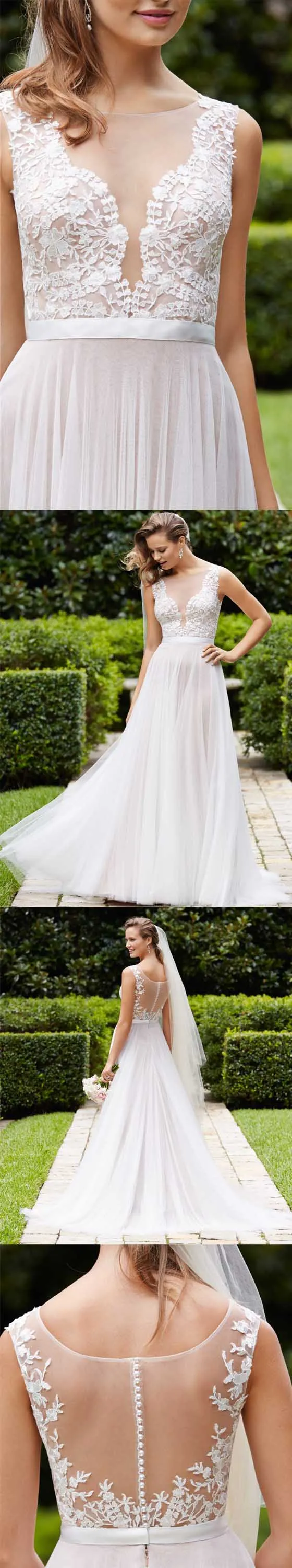 Affordable Seen Through V Neck Lace Top Popular Formal Long Wedding Dresses, WG675