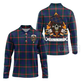 Agnew Tartan Long Sleeve Polo Shirt with Family Crest and Bearded Skull Holding Bottles of Whiskey