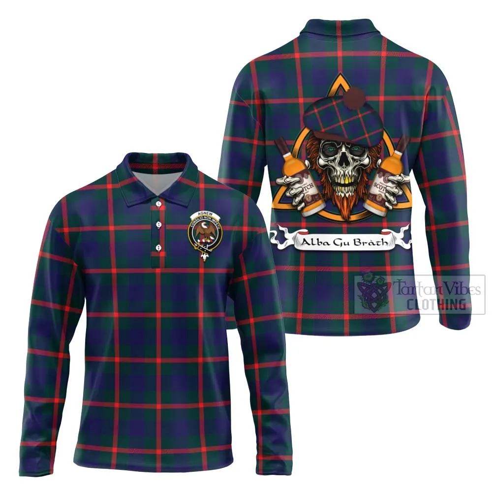 Agnew Tartan Long Sleeve Polo Shirt with Family Crest and Bearded Skull Holding Bottles of Whiskey