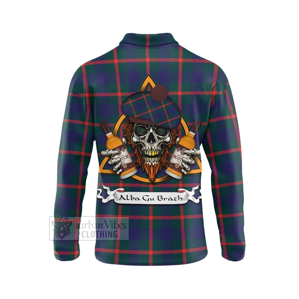 Agnew Tartan Long Sleeve Polo Shirt with Family Crest and Bearded Skull Holding Bottles of Whiskey