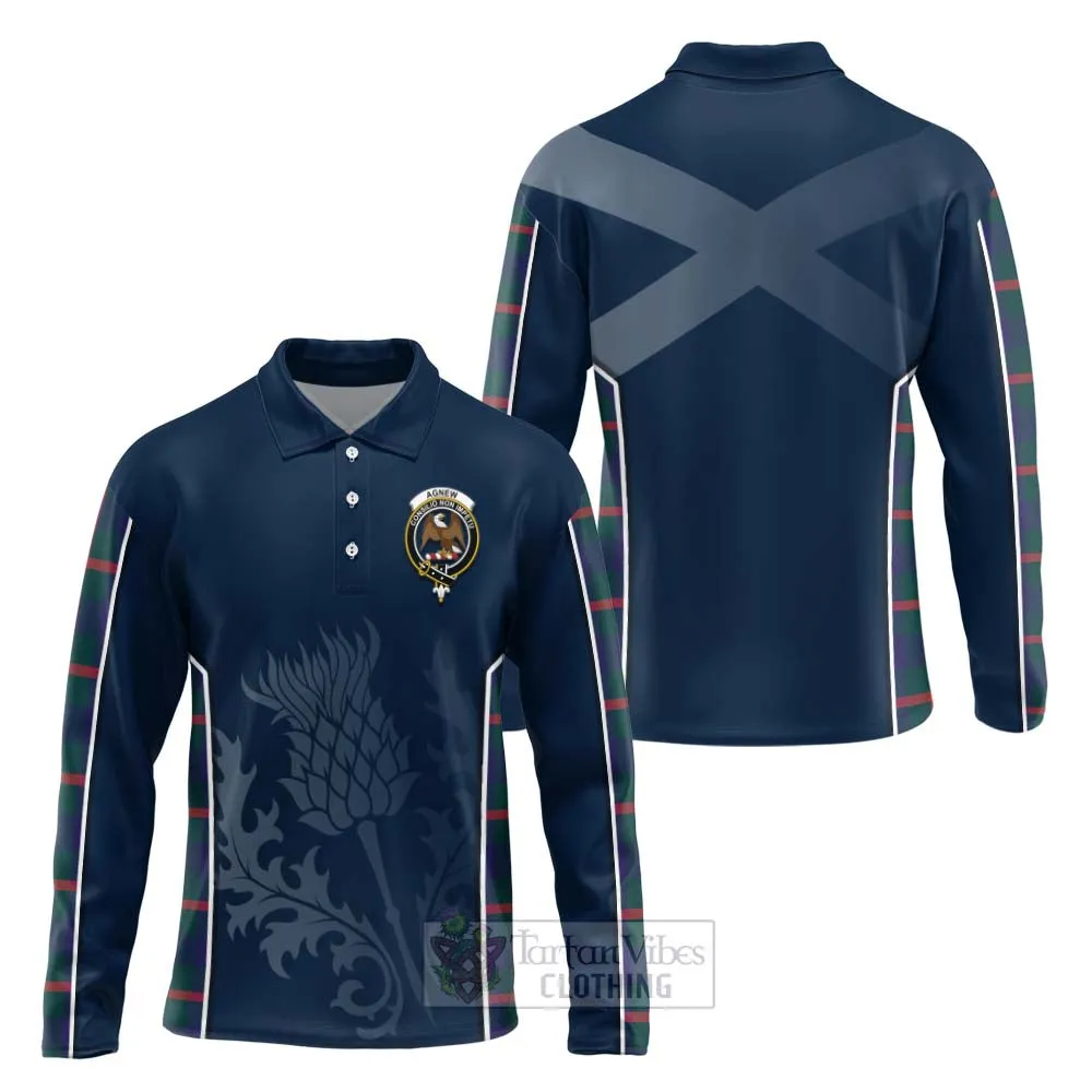 Agnew Tartan Long Sleeve Polo Shirt with Family Crest and Scottish Thistle Vibes Sport Style