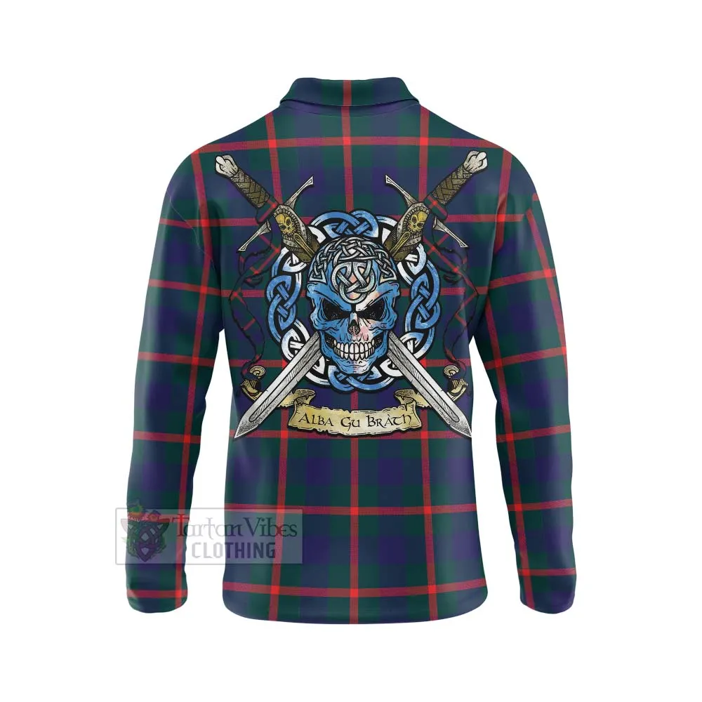 Agnew Tartan Long Sleeve Polo Shirt with Family Crest Celtic Skull Style