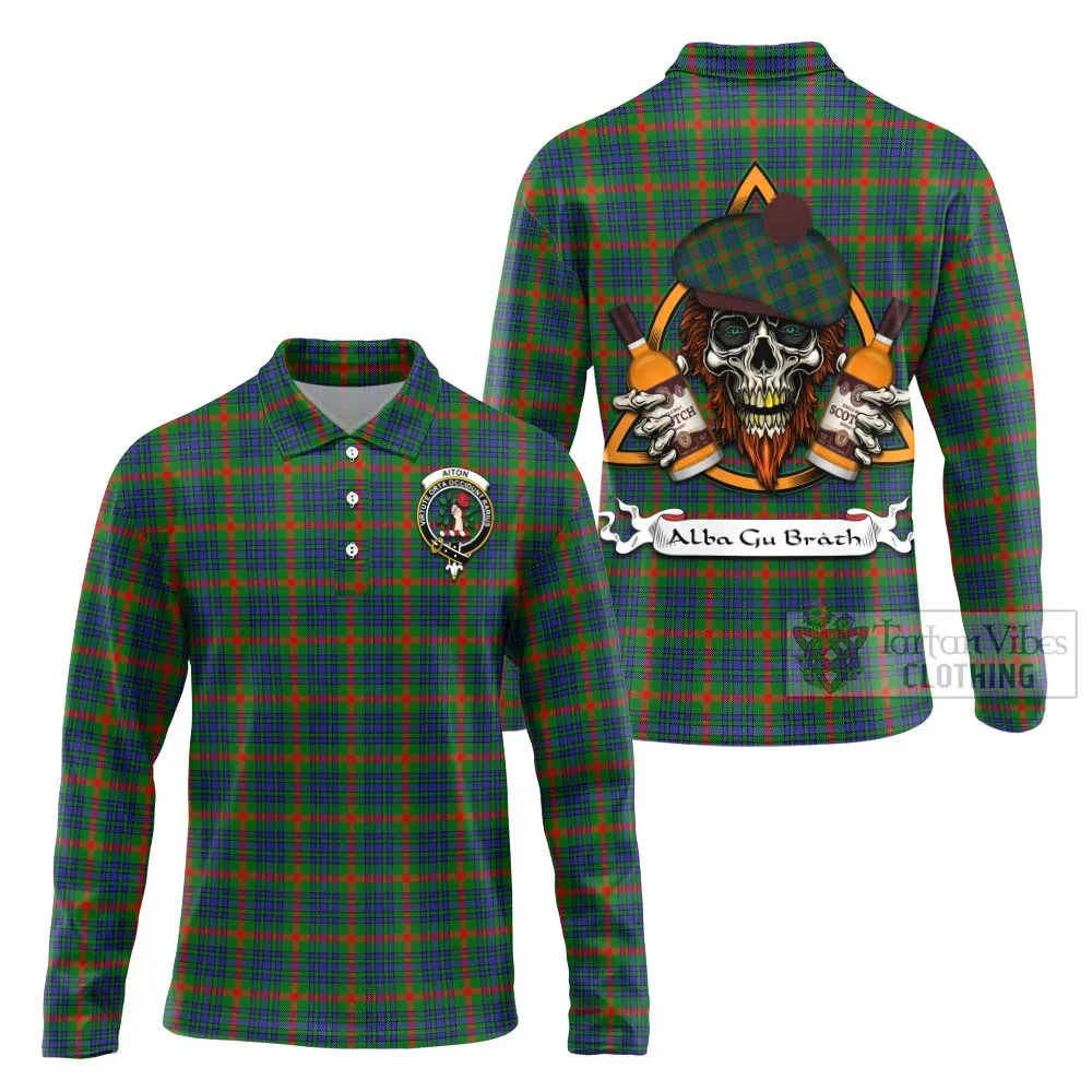 Aiton Tartan Long Sleeve Polo Shirt with Family Crest and Bearded Skull Holding Bottles of Whiskey