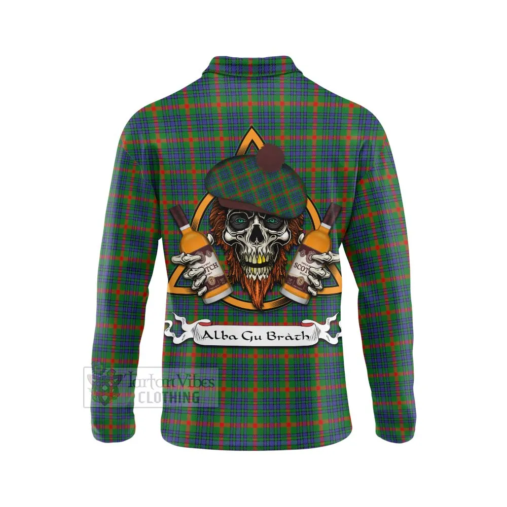 Aiton Tartan Long Sleeve Polo Shirt with Family Crest and Bearded Skull Holding Bottles of Whiskey