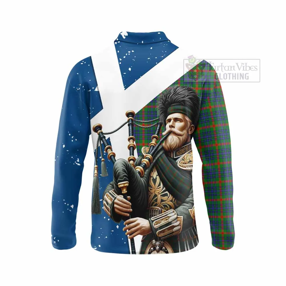 Aiton Tartan Long Sleeve Polo Shirt with Family Crest Scottish Bagpiper Vibes