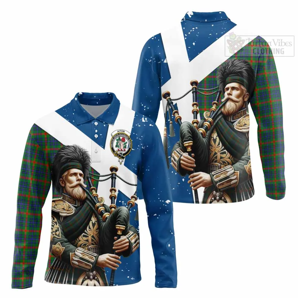 Aiton Tartan Long Sleeve Polo Shirt with Family Crest Scottish Bagpiper Vibes