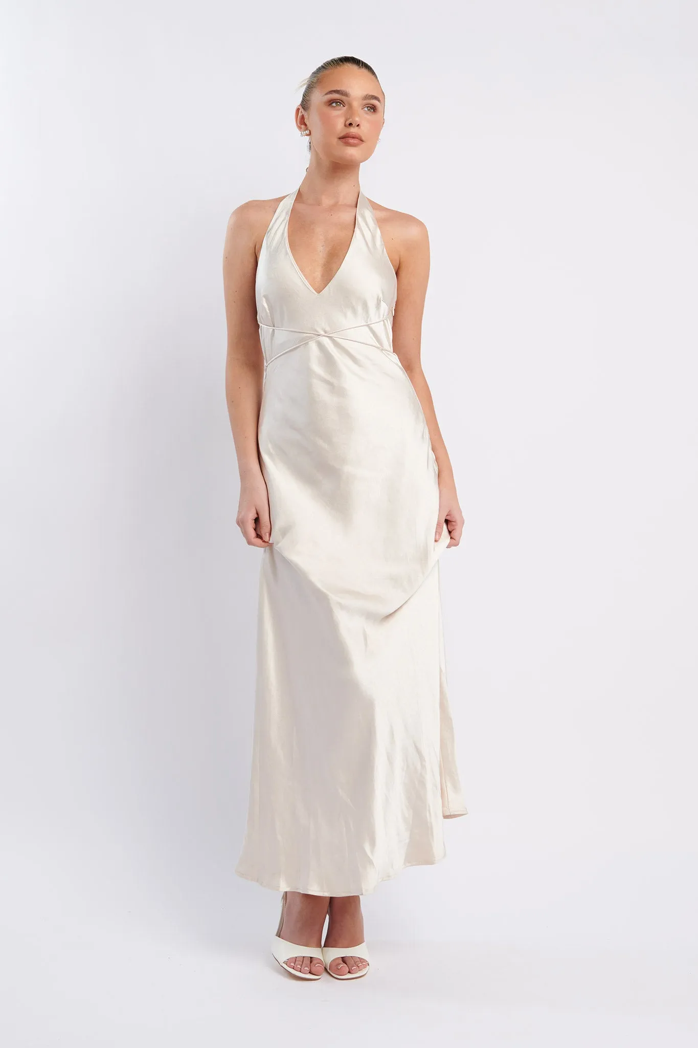 Alenni Halterneck V-Neck Midi Dress Champagne