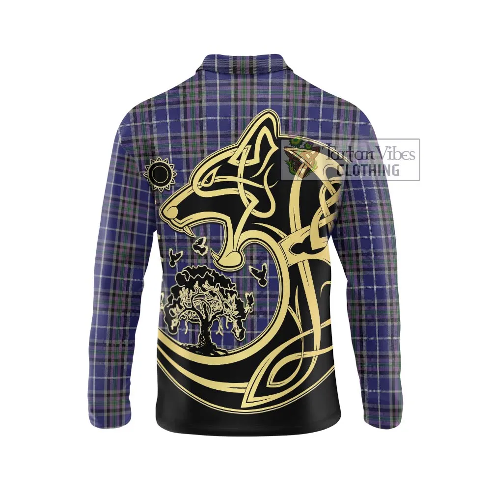 Alexander of Menstry Tartan Long Sleeve Polo Shirt with Family Crest Celtic Wolf Style