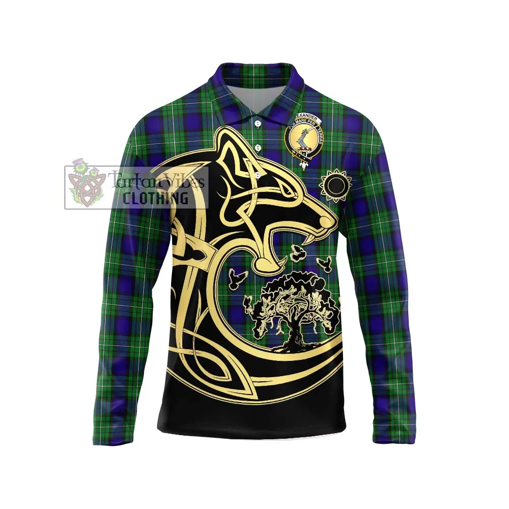 Alexander Tartan Long Sleeve Polo Shirt with Family Crest Celtic Wolf Style