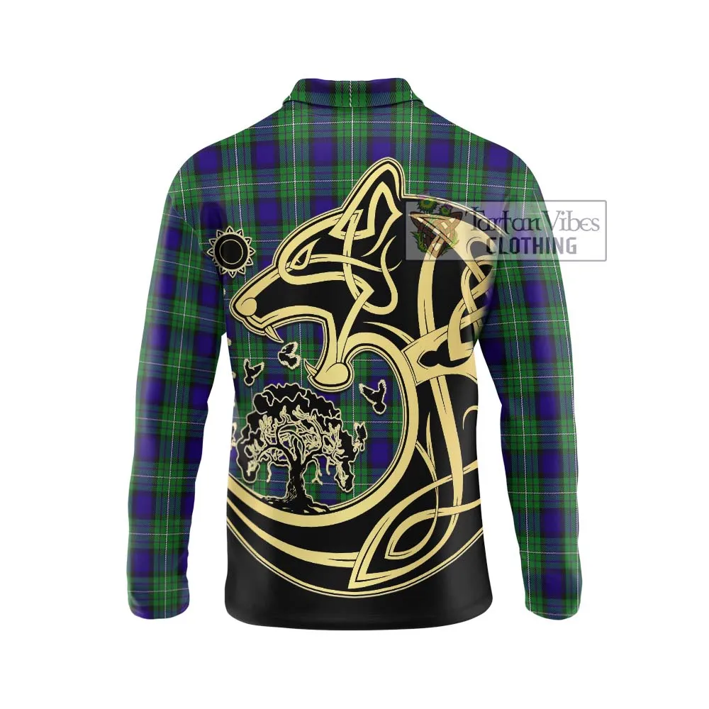 Alexander Tartan Long Sleeve Polo Shirt with Family Crest Celtic Wolf Style