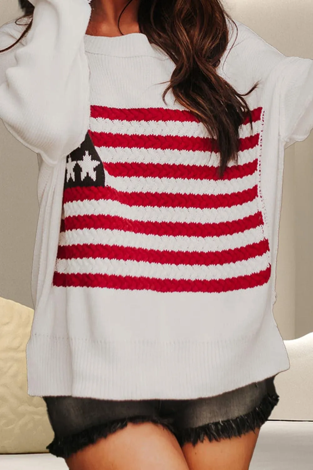 Americana Round Neck Long Sleeve Knit Top