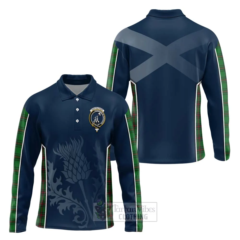 Anstruther Tartan Long Sleeve Polo Shirt with Family Crest and Scottish Thistle Vibes Sport Style