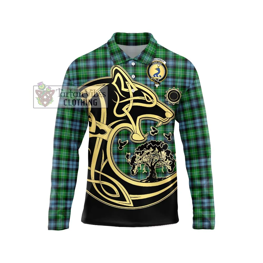 Arbuthnot Ancient Tartan Long Sleeve Polo Shirt with Family Crest Celtic Wolf Style