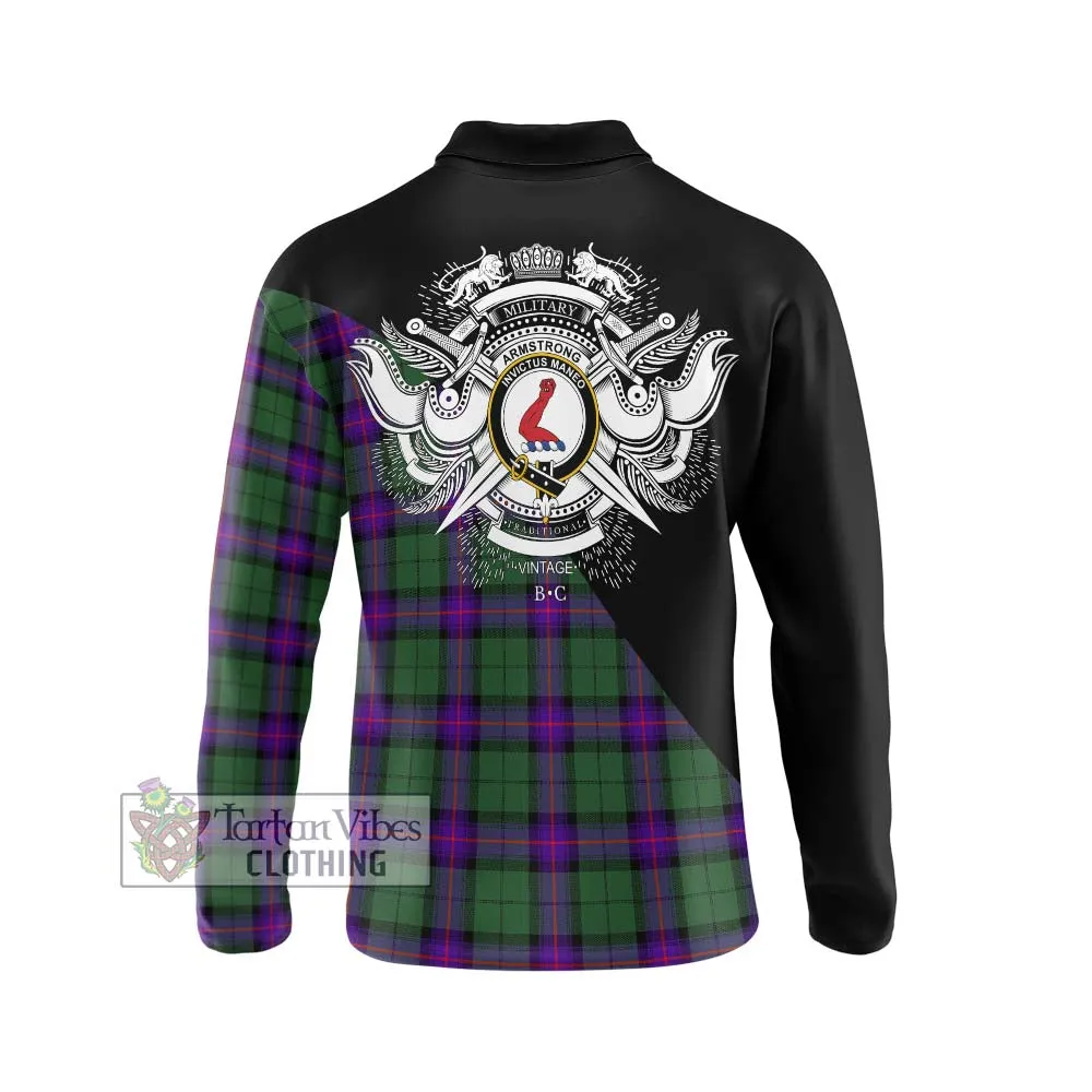 Armstrong Modern Tartan Long Sleeve Polo Shirt with Family Crest and Military Logo Style