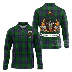 Armstrong Tartan Long Sleeve Polo Shirt with Family Crest and Bearded Skull Holding Bottles of Whiskey