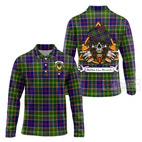 Arnott Tartan Long Sleeve Polo Shirt with Family Crest and Bearded Skull Holding Bottles of Whiskey