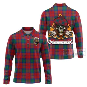 Auchinleck (Affleck) Tartan Long Sleeve Polo Shirt with Family Crest and Bearded Skull Holding Bottles of Whiskey