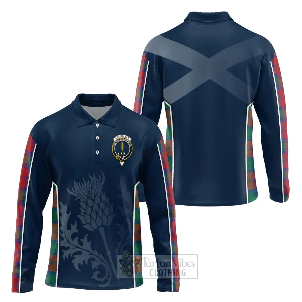 Auchinleck (Affleck) Tartan Long Sleeve Polo Shirt with Family Crest and Scottish Thistle Vibes Sport Style