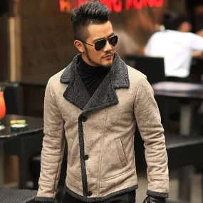 Autumn vintage old leather jacket men wool lining warm fur collar jacket