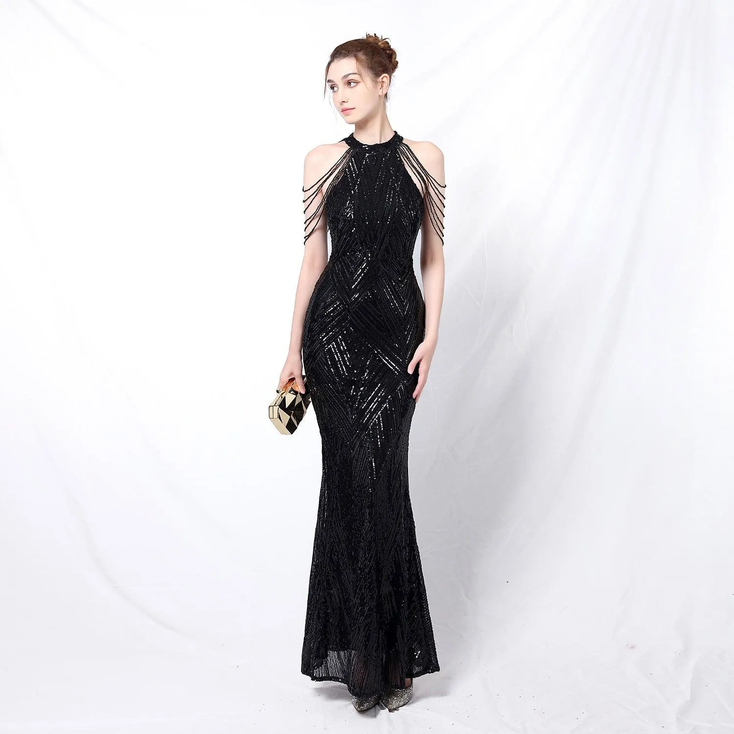 Backless Evening Dress Women Party Dress Long Wear Sequin Fabric Cheap