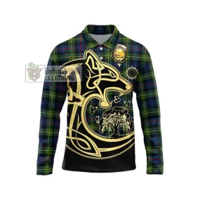 Bailey Modern Tartan Long Sleeve Polo Shirt with Family Crest Celtic Wolf Style