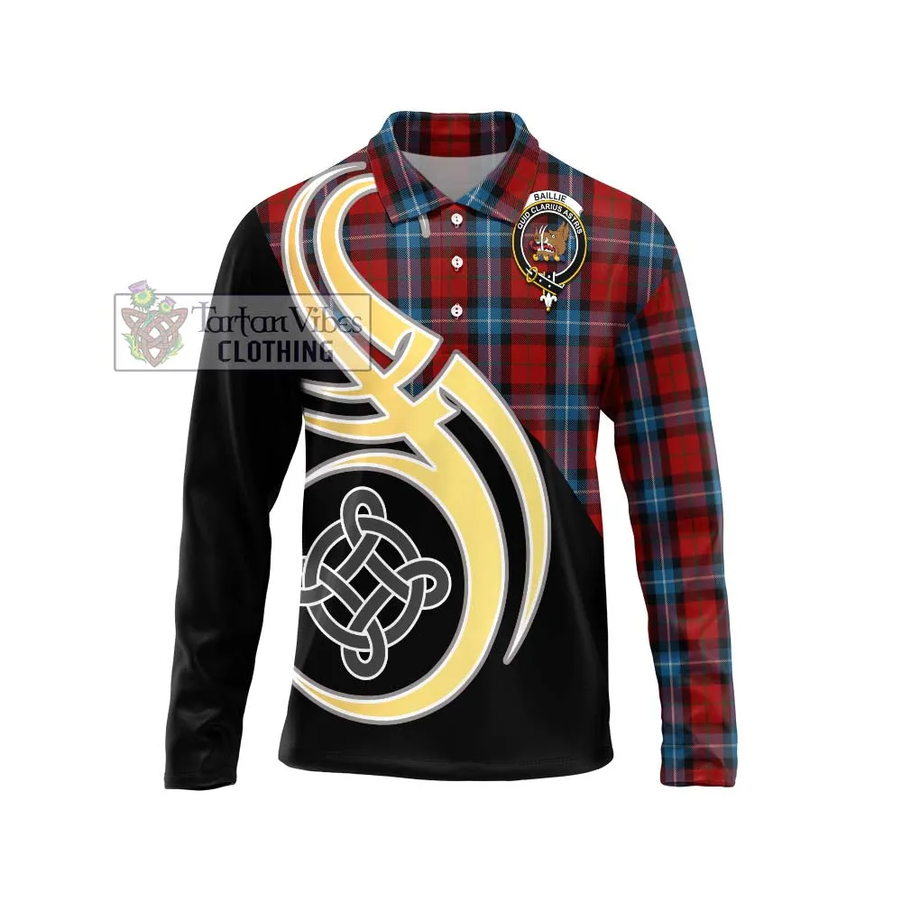 Baillie of Polkemmet Red Tartan Long Sleeve Polo Shirt with Family Crest and Celtic Symbol Style