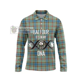 Balfour Blue Tartan Long Sleeve Polo Shirt with Family Crest DNA In Me Style