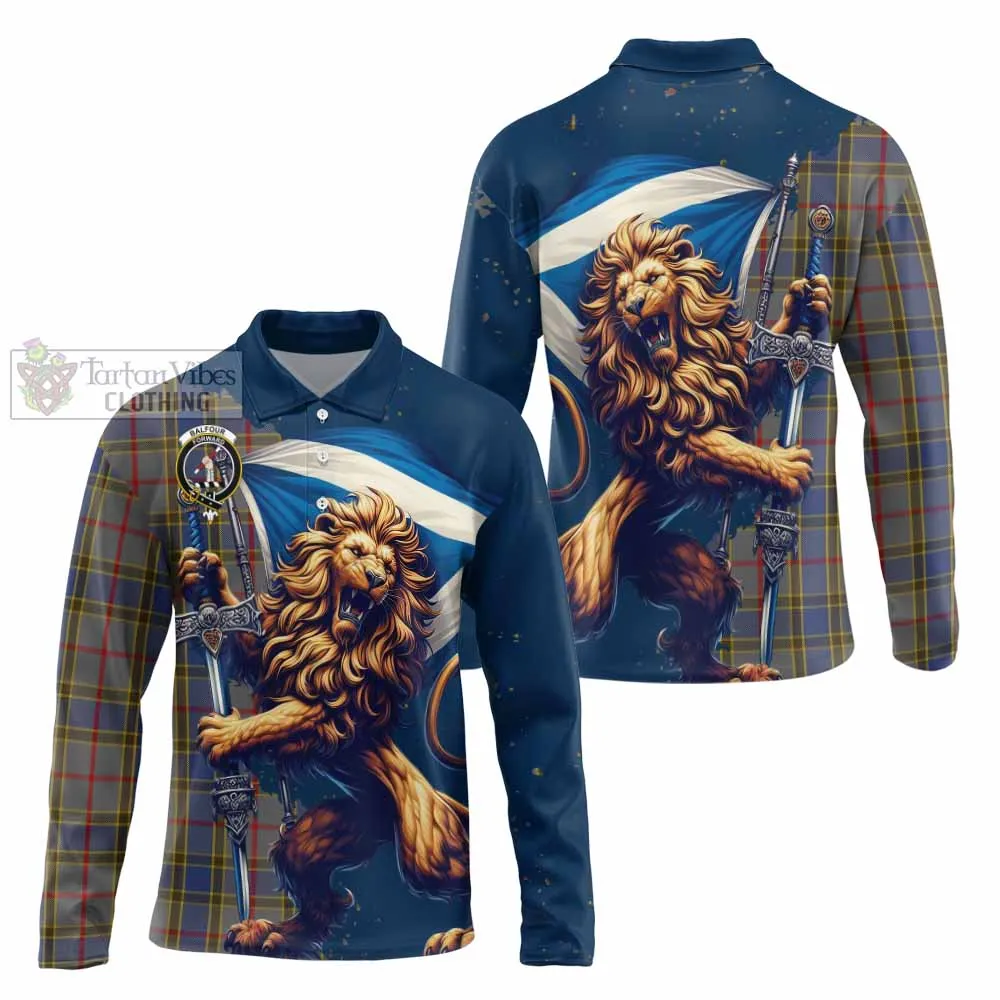 Balfour Tartan Family Crest Long Sleeve Polo Shirt with Scottish Majestic Lion