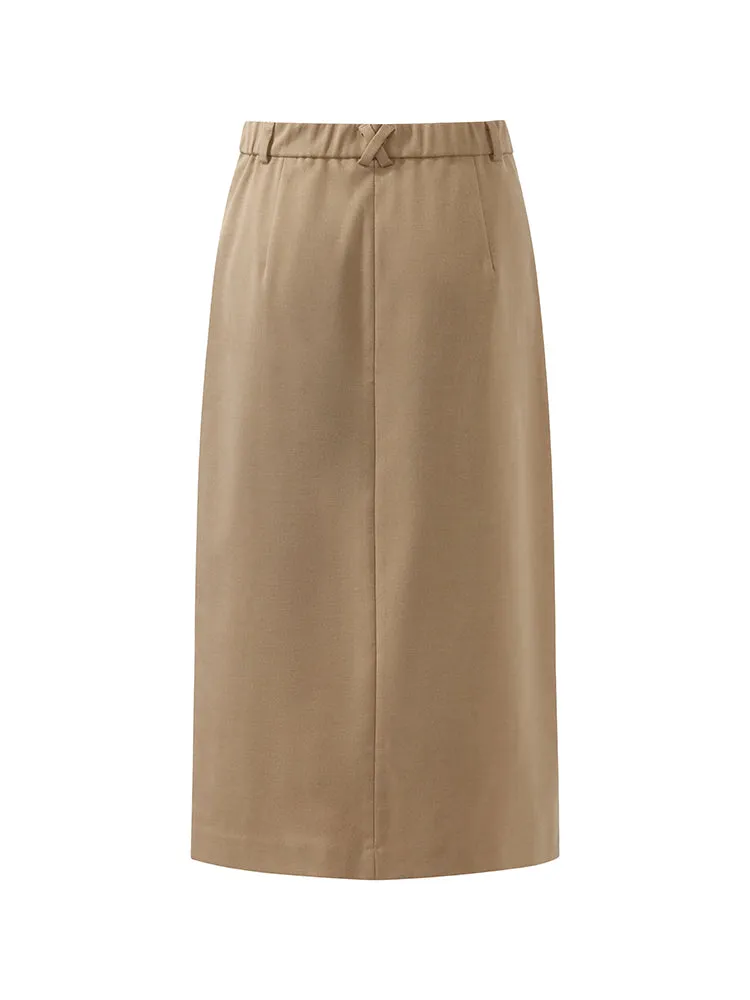 Basic Straight Slit Women Skirt With Belt